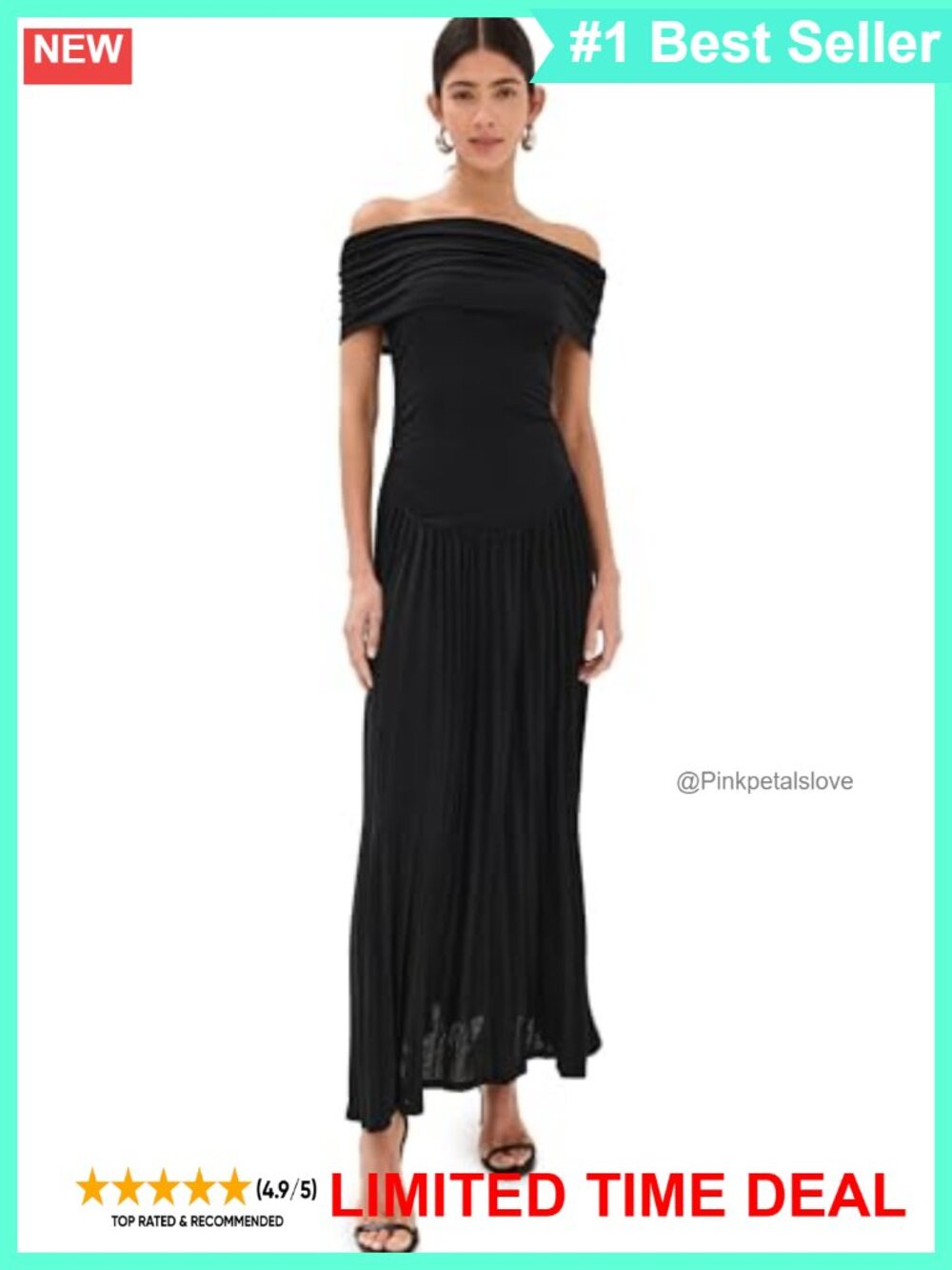 Maxi Dress Lightweight Stretch Knit Pleated Skirt Off Shoulder